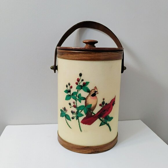Vintage Bacova Guild Fiberglass Ice Bucket Leather Handle Cardinal Chickadee Bir - Picture 11 of 13